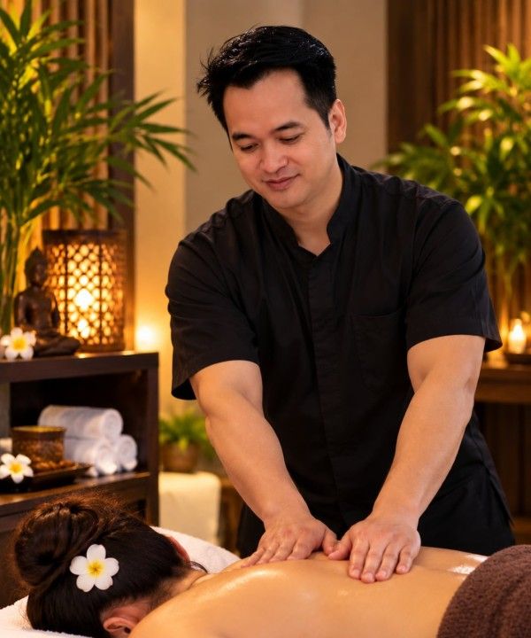 James of James Shiatsu Thai in Chiswick giving a back massage to a client lying face down on a towel-covered massage bed, with candles and plants behind